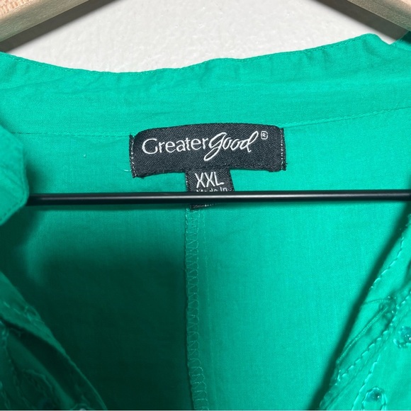 Greater Good Women Top XXL Kelly Green Embroidered Sequin Popover‎ Boho Cotton - Picture 4 of 9